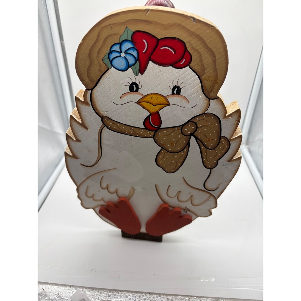 Vtg Hand Painted Wooden Chicken Hen Paper Towel Holder Farmhouse Kitchen Decor